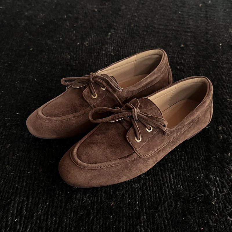 Women Pumps Low Heels Round Toe Lace Up Sheep Suede Quality Shoes Woman Retro Lace-Up Office Lady Working Spring Summer 2025 New 4