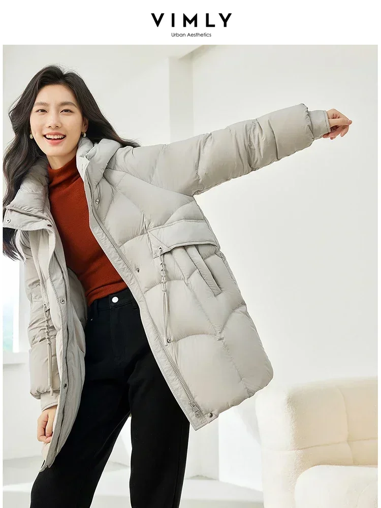 Vimly Winter White Duck Down Puffer Jacket Women Grey Stand Collar Hooded Zipper Long Coat 2023 Thick Warm Outerwear Woman 50718