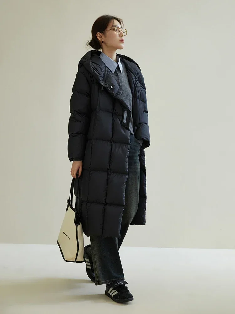 DUSHU 274G Filling Capacity Hooded Casual Down Jacket Winter Fashionable Simple Thicken Down Coats Black Women Casual Loose