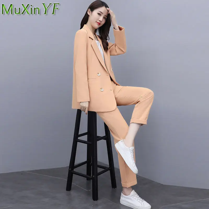 Korean Fashion Women Two Pieces Pants Set 2022 Spring Autumn Office Lady Graceful Blue Suit Coats+Trousers Sets OL Clothing New