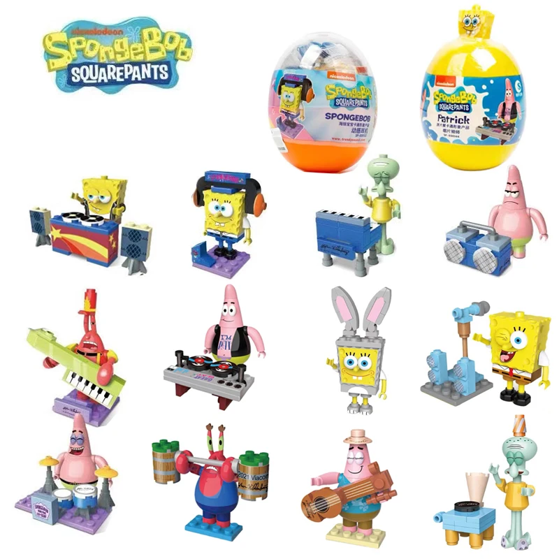 6pcs SpongeBob SquarePants Assemble Building Blocks Mini wist Egg Pie Star Crab Boss Concert Model Ornament Children's Gift Toys