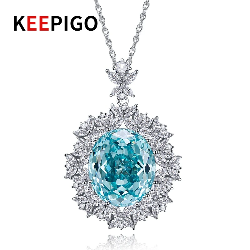 

KEEPIGO S925 Sterling Silver 18*21mm Oval Aquamarine High Carbon Diamond Pendant Necklace For Women Sparkling Party Fine Jewelry