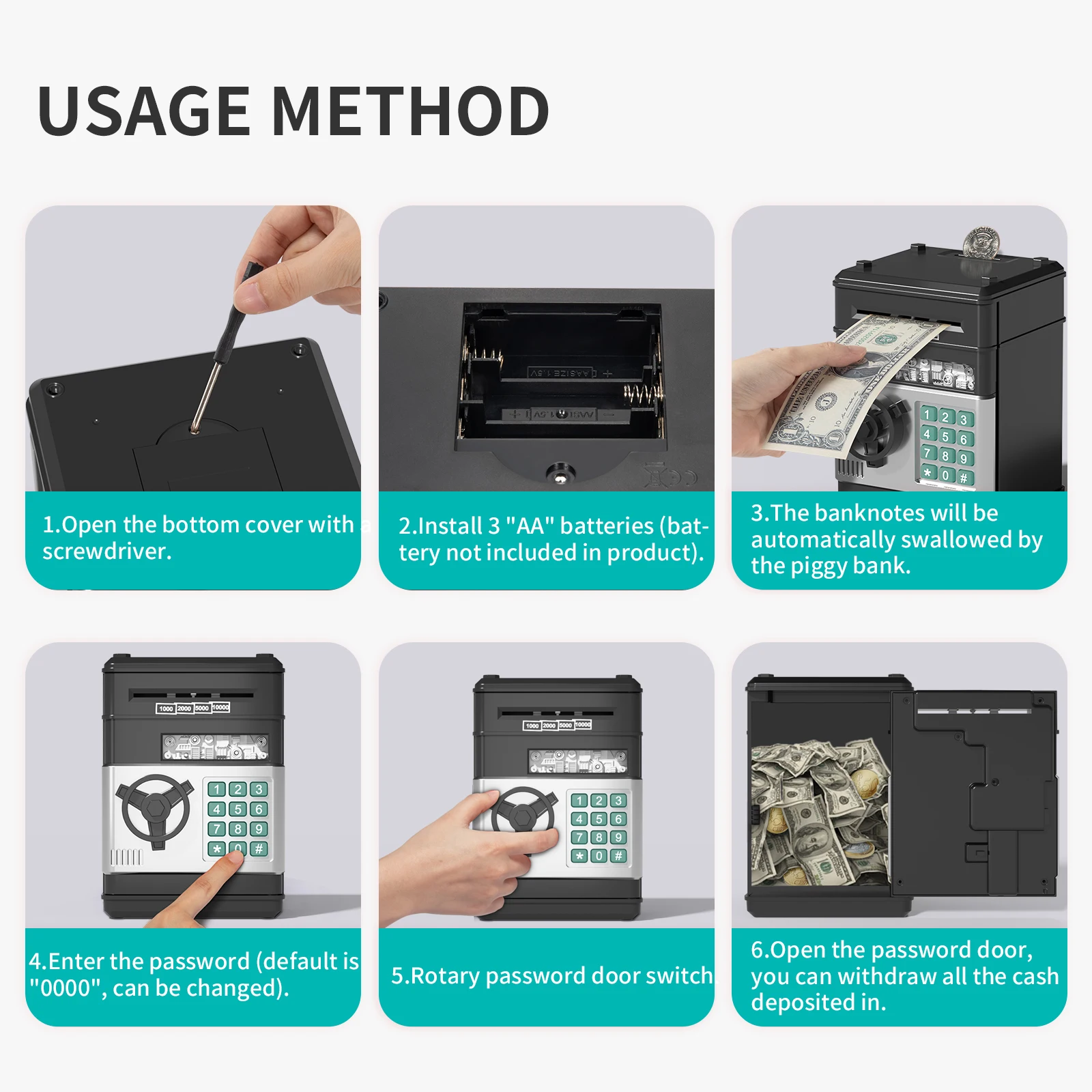 Toy Saving Bank. Electronic, Password-Protected. Auto-scroll For Paper Money. Ldeal Gift For Kids 3+ (Black). 3