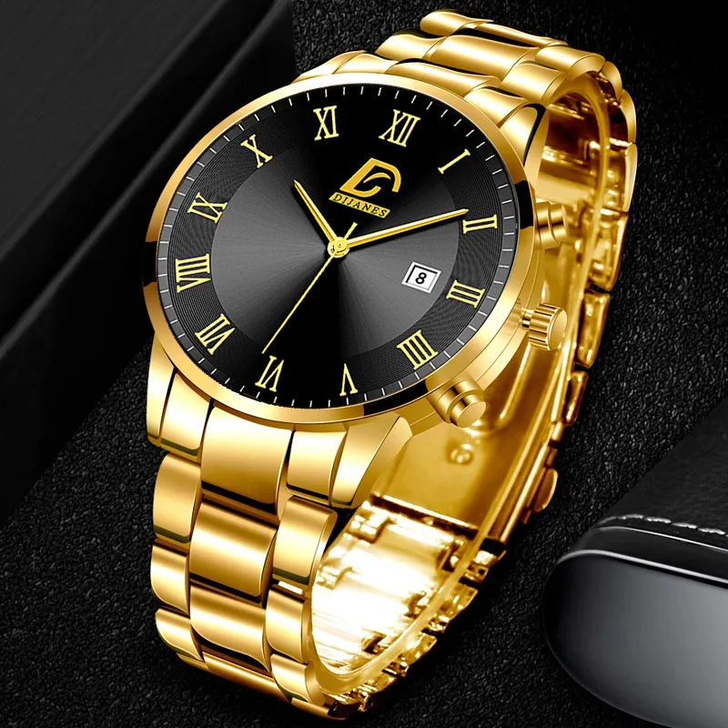 Mens Gold Stainless Steel Watches Luxury Minimalist Calendar Sports Quartz Wrist Watch Men Business Casual relogio masculino