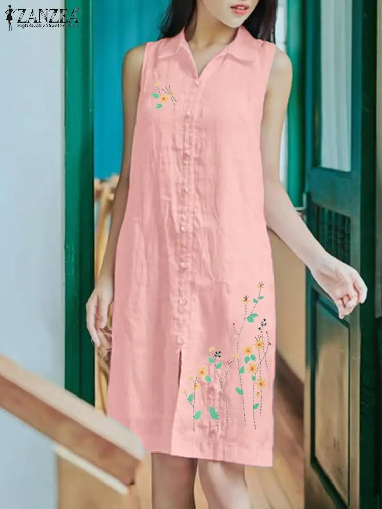 

ZANZEA 2024 Summer Floral Print Sundress Women Sleeveless Tank Dress Fashion Lapel Collar Buttons Robe Holiday Knee-length Dress