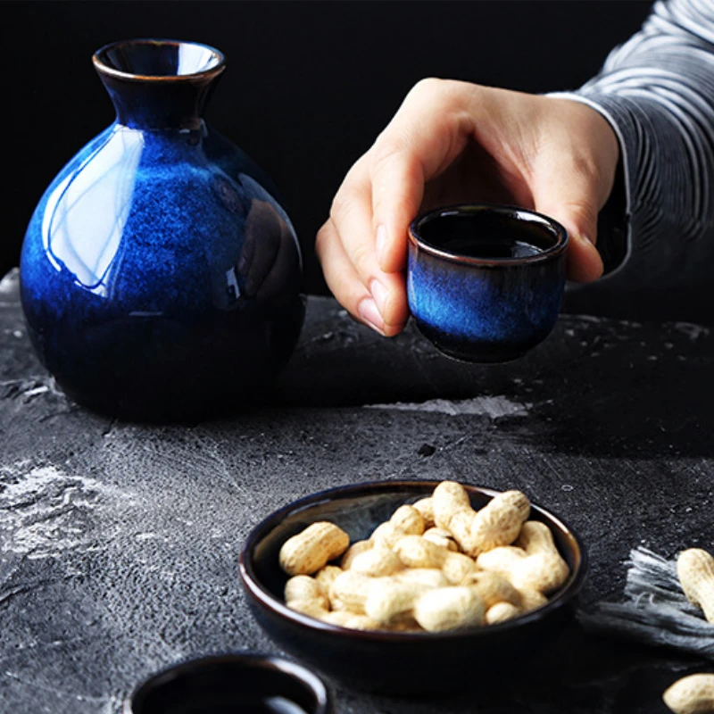 Japanese Sake Set Ceramic Blue Wine Cup Pot Tableware Retro Home Shochu Pot 1 4 Cups Set Tableware Barware Accessories