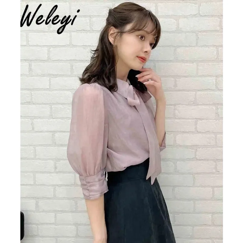 Kawaii Chiffon Bow Three Quarter Sleeve Shirts Women's Autumn Solid Color Commuter Top Single White Collar Loose Bottoming Shirt