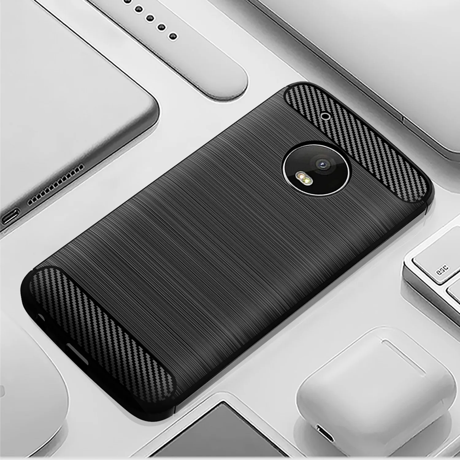 Shockproof Silicone Matte Phone Cover with Brushed Carbon Fiber Design