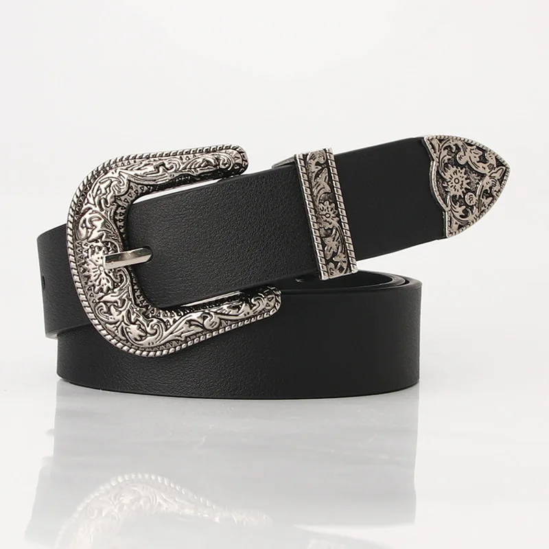 

New Carve Pu Pin Buckle Belt Women Fashion Black Silver Buckle Thin Belts Female Jeans Dress Waistband Brand Design 2022