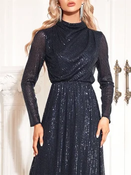 فساتين سهرة فاخرة بالترتر بأكمام طويلة باللون الأزرق وياقة عالية حورية البحر للنساء فستان سهرة رسمي لحفلات الكوكتيل 5