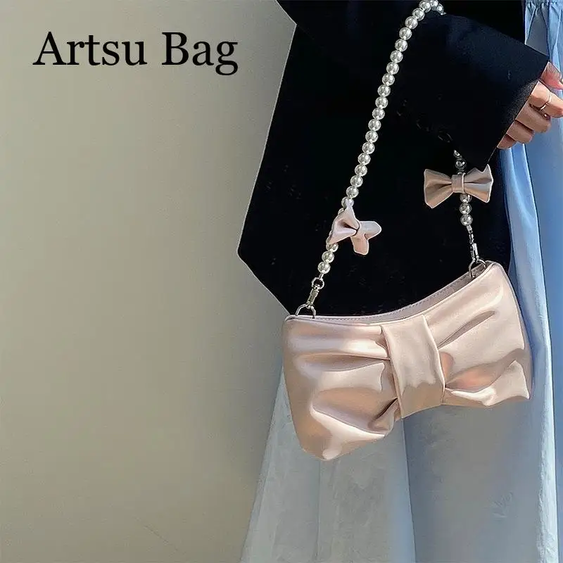 Simple Shoulder Bag for Women Fashion Trend Versatile Pink White Pearl Bow Crossbody Bag Female Underarm Bag