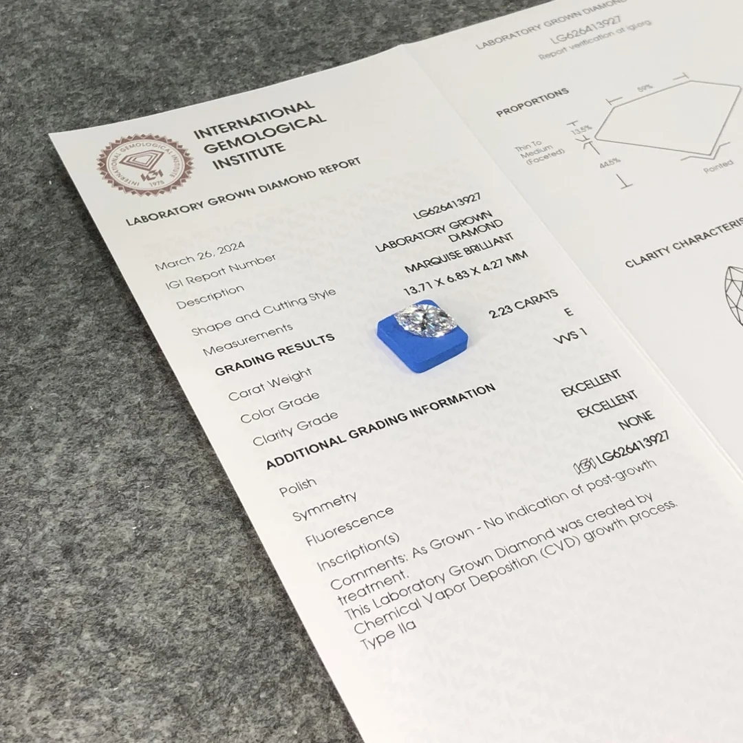 IGI 2.23CT E VVS1 Marqusie Lab Grown Diamond CVD Diamond Stone igi Certified With Certificate