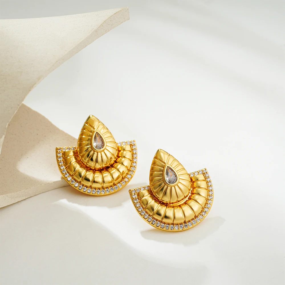 Retro Inlaid Crystal Geometric Sector Stud Earrings Polished Stainless Steel Gold Color Waterdrop Dome Drop Earring Punk Jewelry