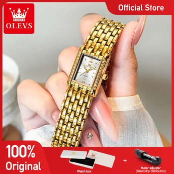 OLEVS 3700 Elegant Fashion Gold Woman Watches Stainless Steel Square Quartz Watch Waterproof Laides Watch Original New Reloj