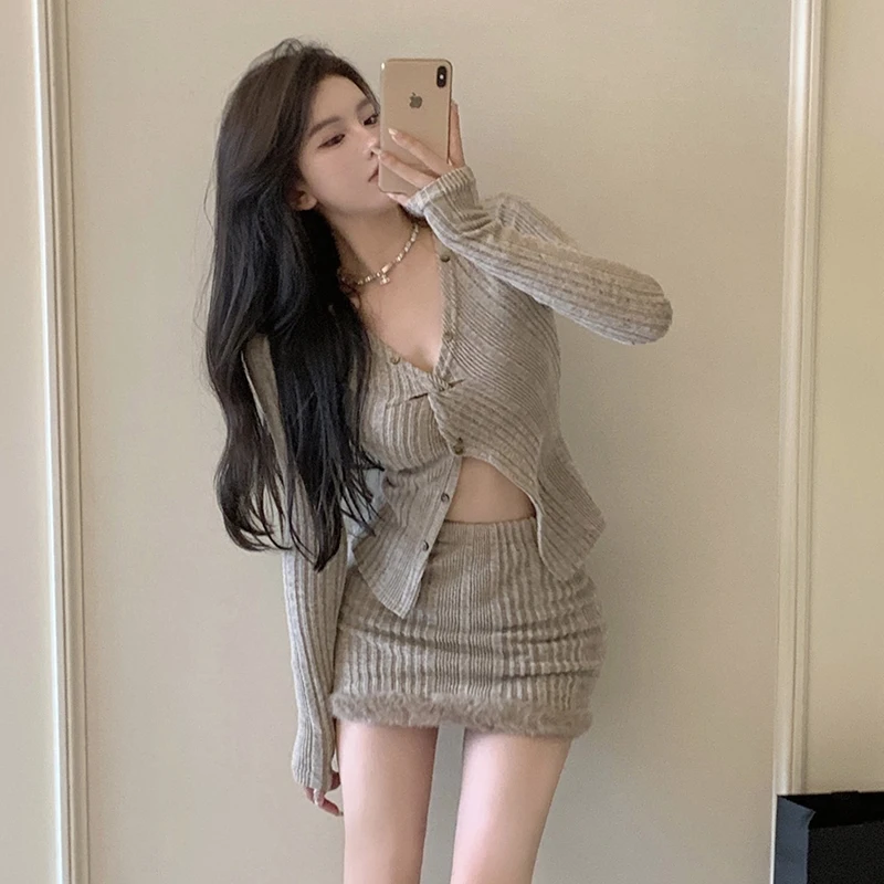 2023 Spring Women Korean Sexy V Neck Single Breasted Cardigan Tops+Pencil Skirt 2 Pieces Sets Tight-fitting Retro Y2k Knit Suits