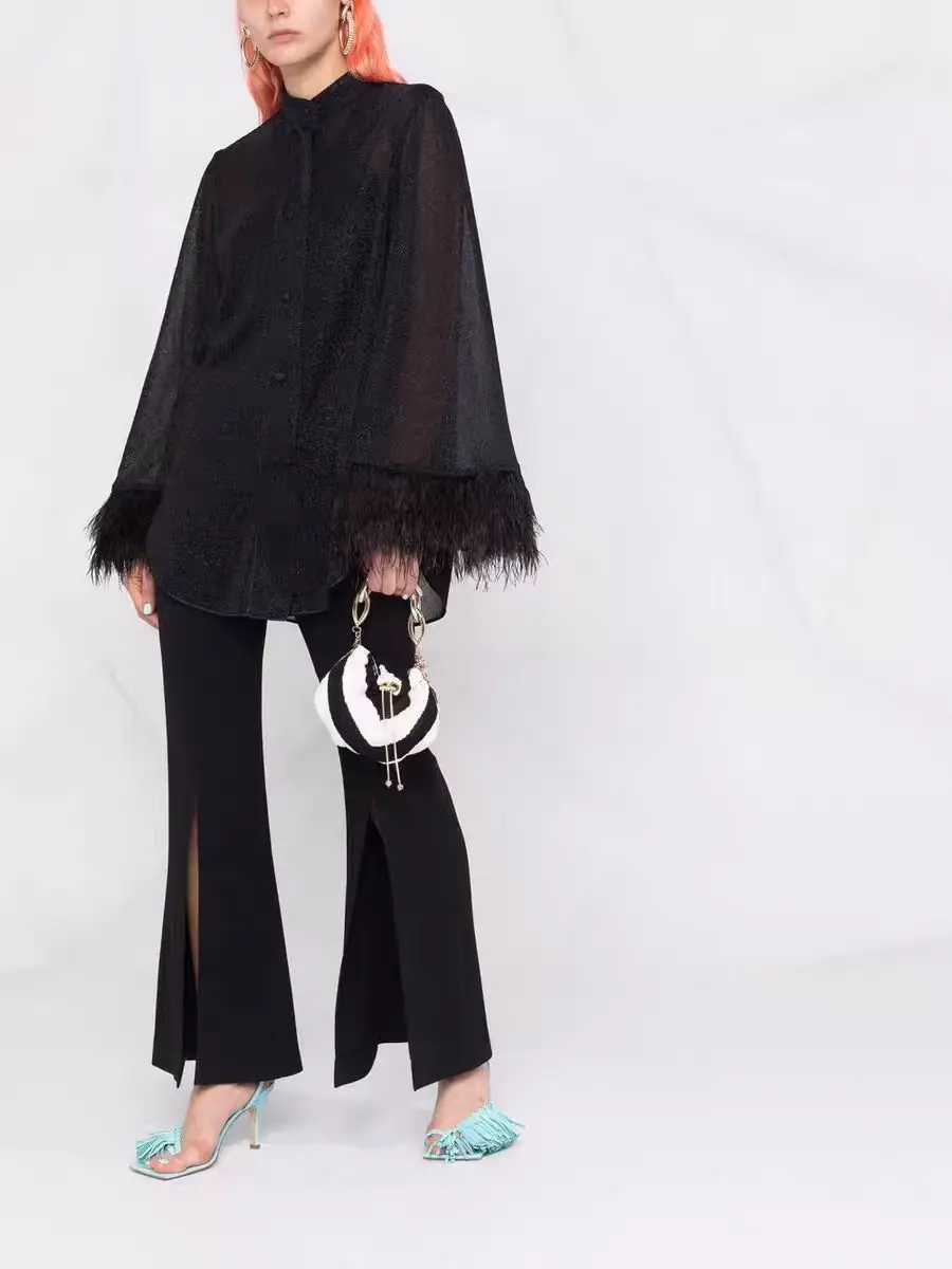 

Black ostrich feather shirts & blouses spring new y2k metallic thread translucent thin casual fashion woman blouse 2024