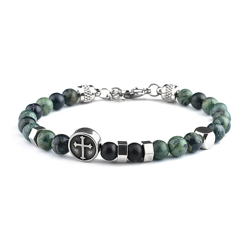 Stainless Steel Cross Bracelet for Men with Natural Map Sodalite Stone