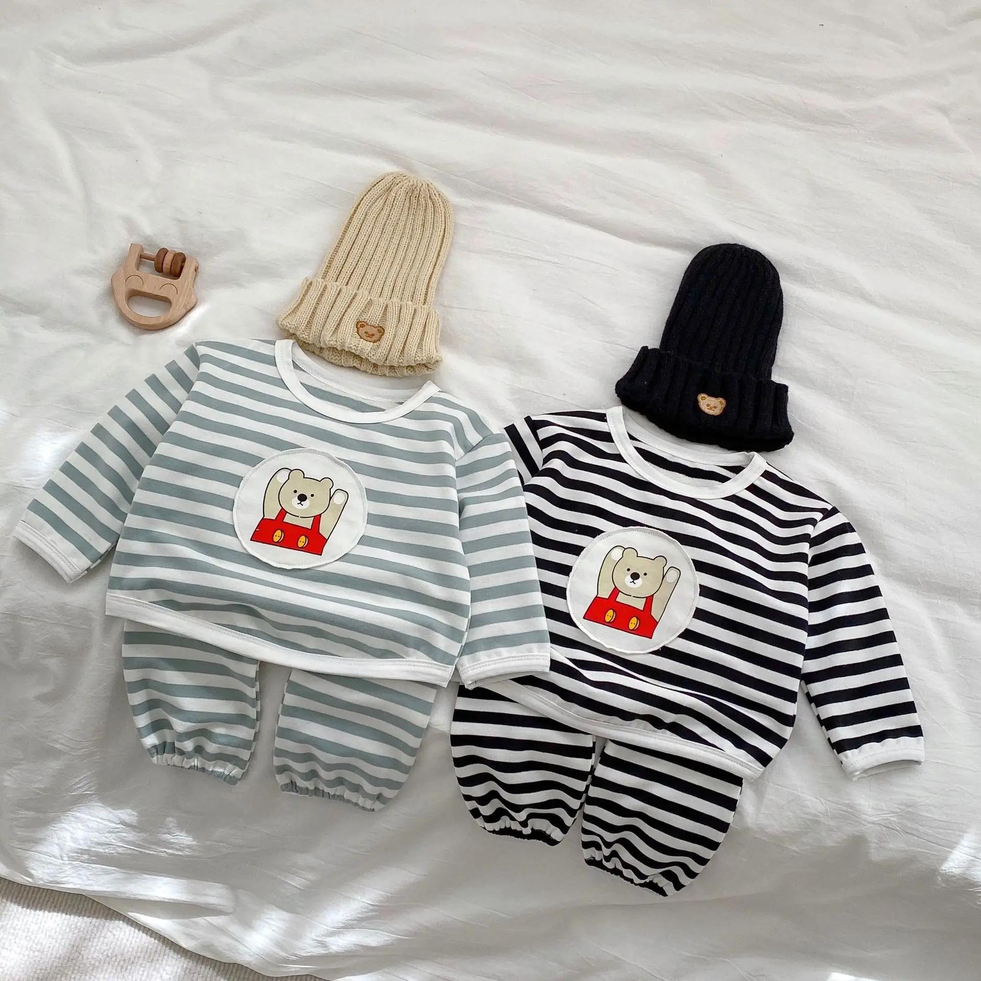 

Baby Boys Clothing Sets 2023 Spring Korean Casual Kids Striped Bear Sweatshirt And Pants 2Pcs Toddler Baby Girls Outfits Set