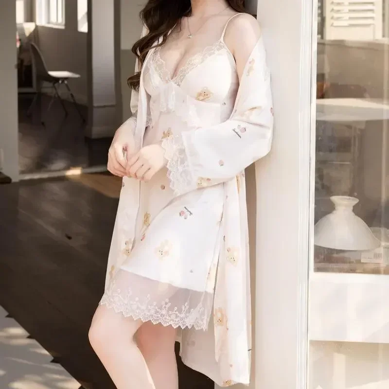 

Silky Dress Summer Sleepwear Nighty&Robe Nightgown Bathrobe Home Set Female Gown Satin Wear Lingerie Women Lounge Lace