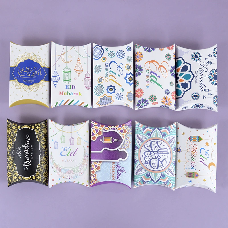 

10PCS Eid Mubarak Pillow Shaped Candy Box Ramadan Kareem Islamic Party Favors Packaging Box Muslim Lantern Pattern Cookie Box