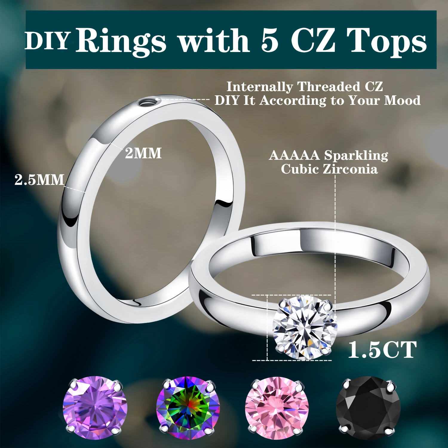 DIY 1.5 CT 솔리테어 약혼 반지 웨딩 밴드 교환 가능한 스테인레스 스틸 라운드 큐빅 지르코니아 약속 반지 그녀를위한