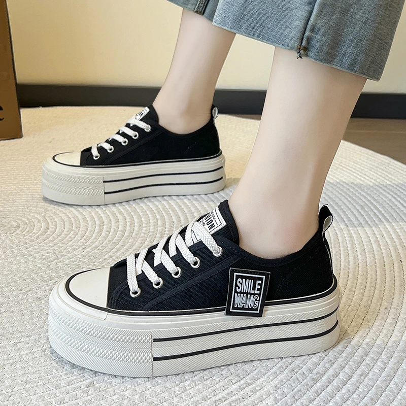 Zapatillas Altas De Lona Con Cordones Hasta La Rodilla Para Mujer, Negro