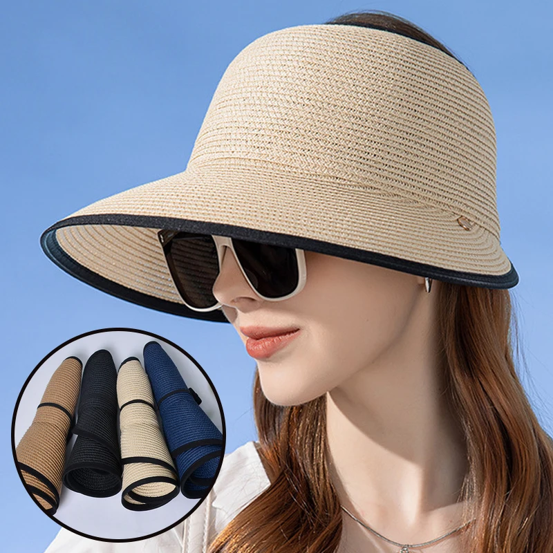 

Empty Top Sun Protection Hat for Women Summer Large Wide Brim Straw Cap Korean Foldable Travel Beach Hats Sunshade Uv Sun Visors