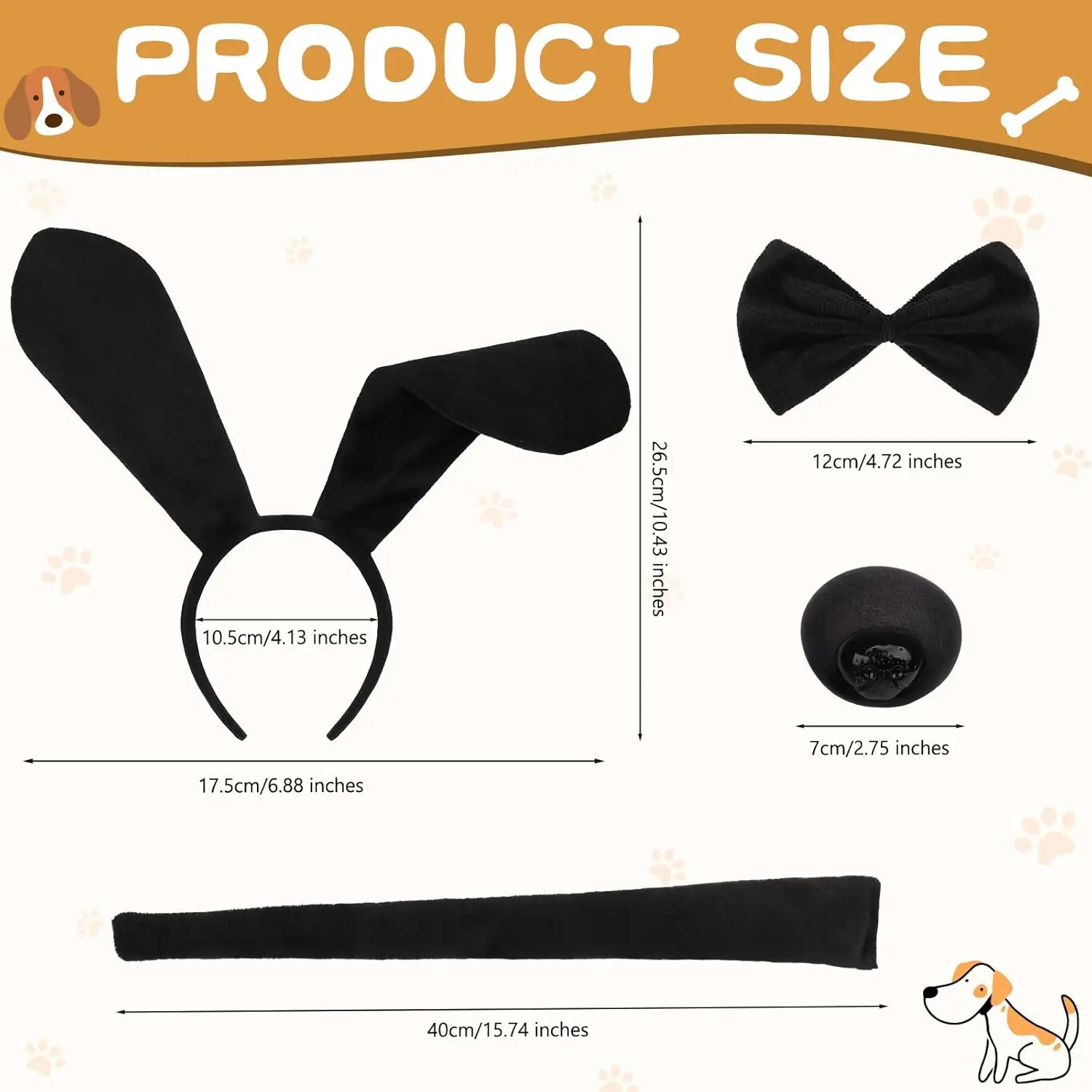 4PCS Dog Costume Set Puppy Animal Black Dog Ears Headband Tail Nose Bow Tie Cosplay Costume Accessories for Adult Kid Halloween