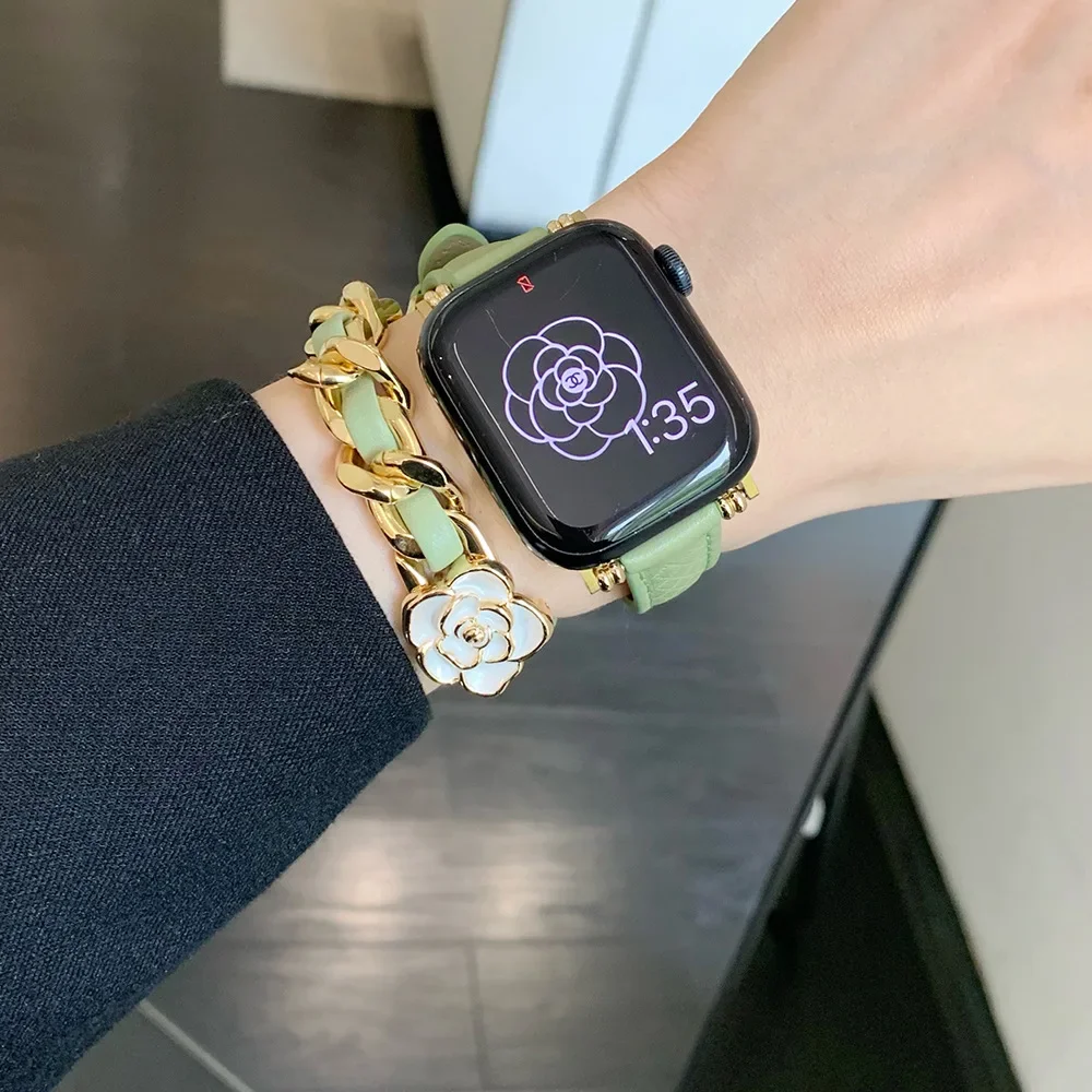 

Leather Strap for Apple Watch Band 41mm 45mm 40mm 44mm 42mm Dressy Women Belt Watchband iWatch Series 9 8 7 Se 8 7 6 5 SE Ultra