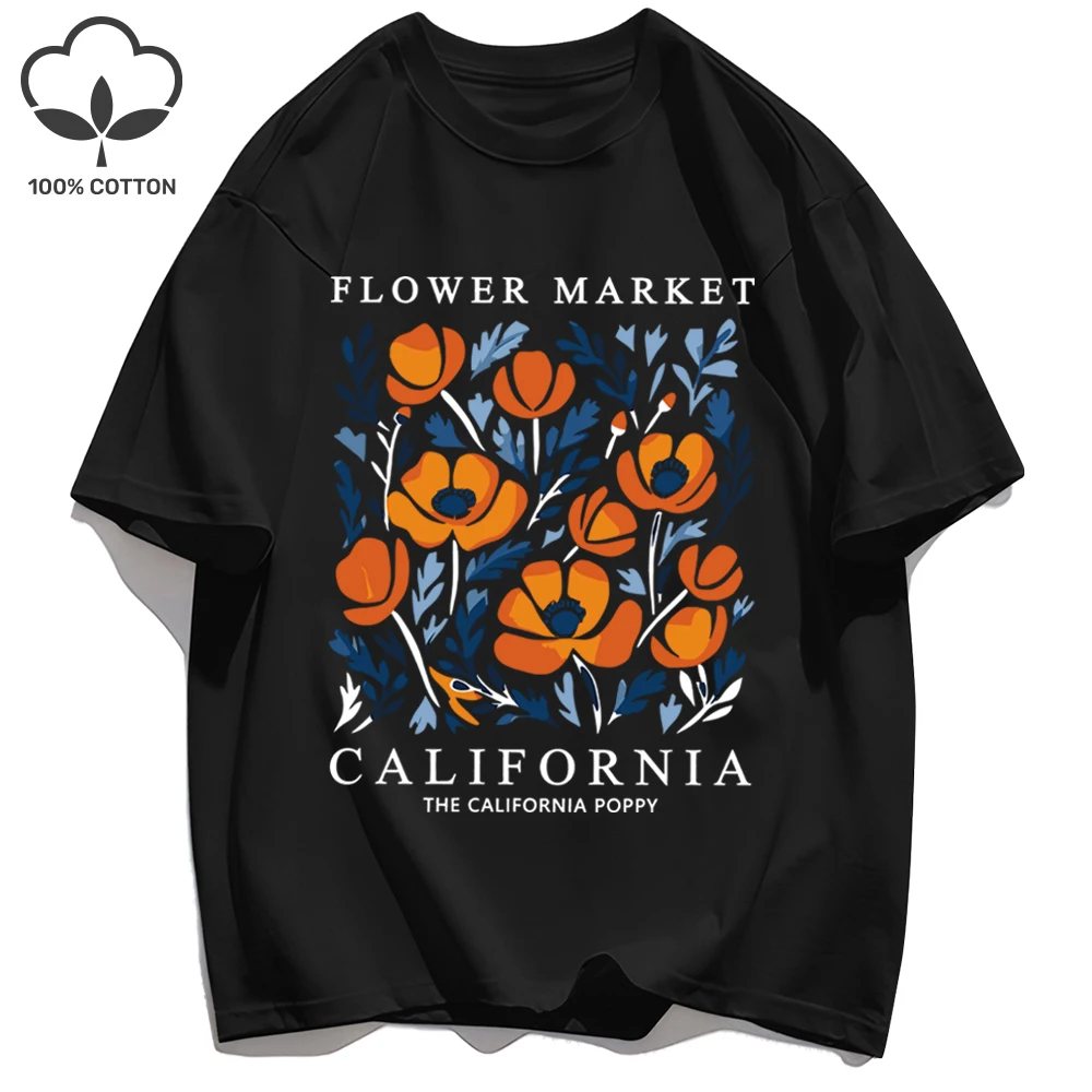 California Yellow Flowers Print Women's Soft Cotton O-Neck Casual Tee