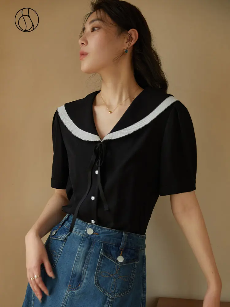 

DUSHU Casual Simple Age-reducing Navy Collar Small Shirt for Women Summer New Chic College Wind Loose Shirt Top for Female