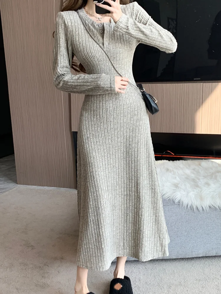 

Темпераментное трикотажное платье с круглым вырезом и длинными рукавами, облегающее и Утягивающее платье, осень 2023, Новая модная женская одежда