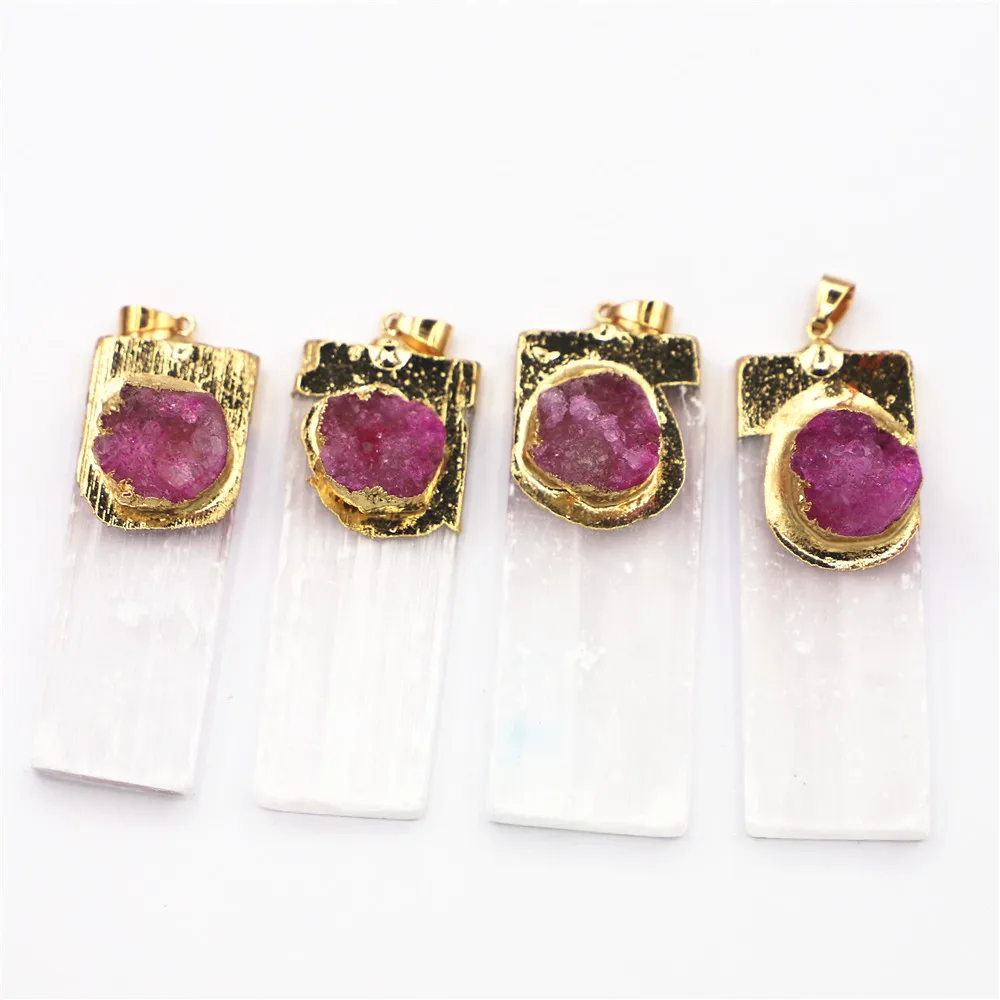 Natural Stone Selenite Plaster Red Druzy Agate Pendant Rock Mineral Specimen Jewelry Reiki Healing Energy Charms Souvenir 10PCS