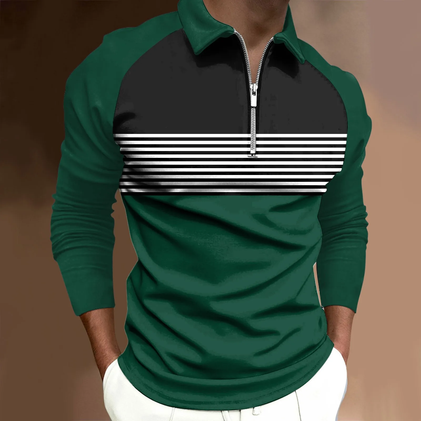 

Men's Long Sleeve Polo Shirts Patchwork Color Raglan Sleeve Lapel Zipper Fit T Shirt Spring Autumn Sports Jogger Casual T-Shirts