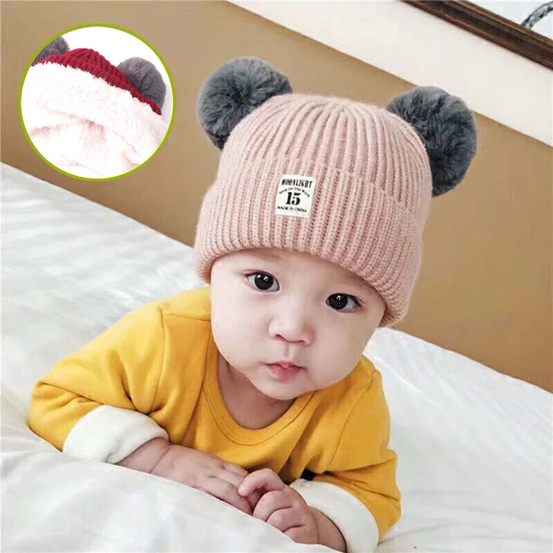 

Newborn Baby Beanies Hat Children Winter Warm Knitted Hats Pompon Hat Cotton Solid Color Pullover Caps Boys and Girls Leece Cap