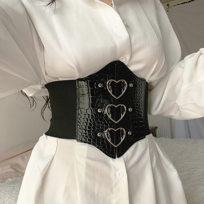 

Lady Temperament Elastic Women's Corset Belt Women Leisure Style Solid Color Crocodile Print Heart Rivet Decoration Wide Girdle