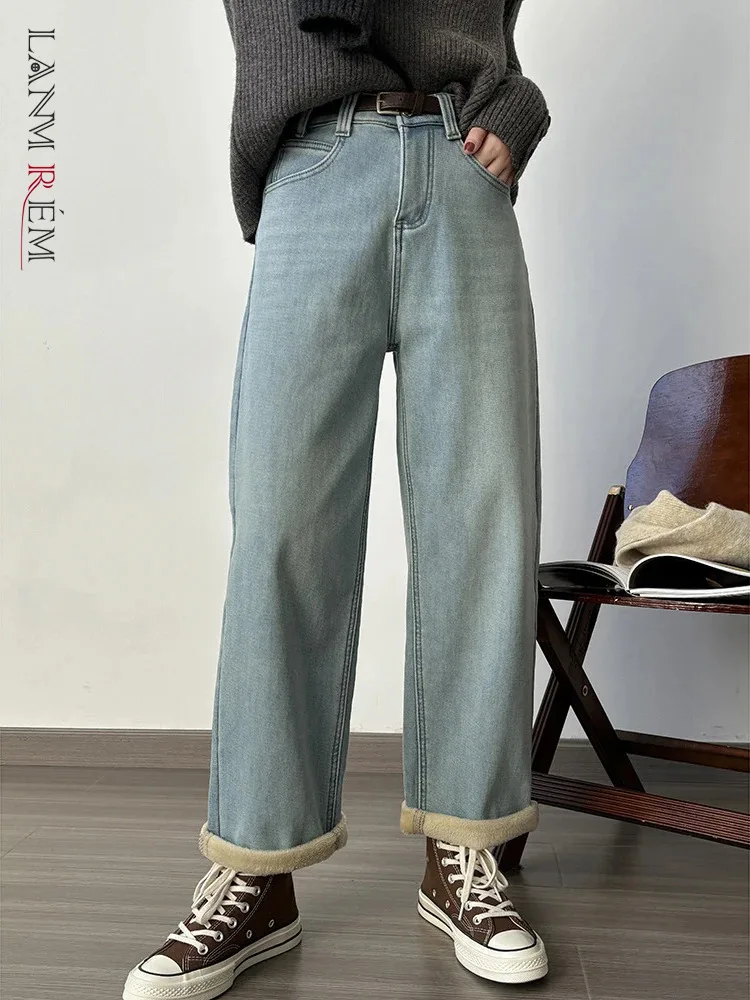 

[LANMREM] Vintage High Waist Thick Warm Jeans For Women Straight Wide Leg Denim Pants Fashion Clothing 2023 Winter New 26D7334