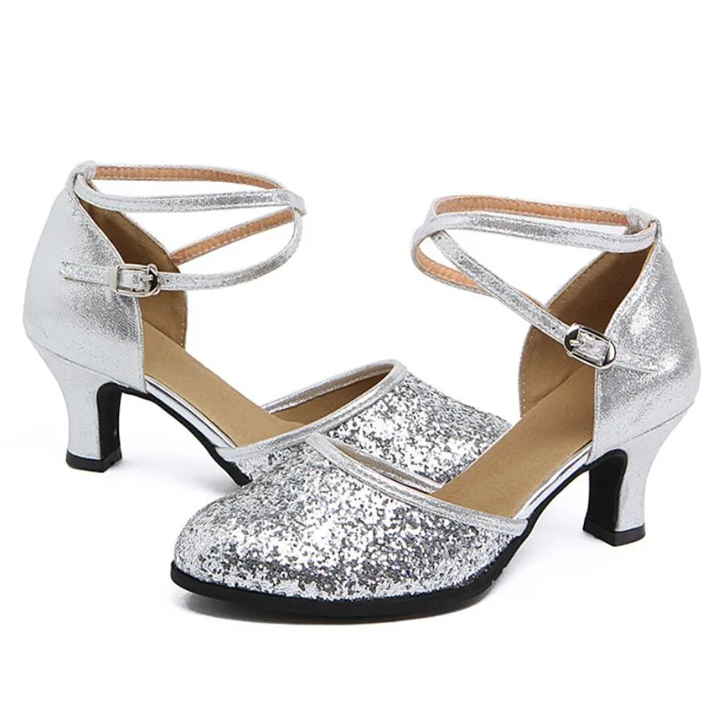 Girls Leather Shoes Latin Dance Shoes Adult Ladies Mid-heel Square Autumn Ballroom Non-slip Sequins Soft Sole Salsa Dance Shoes