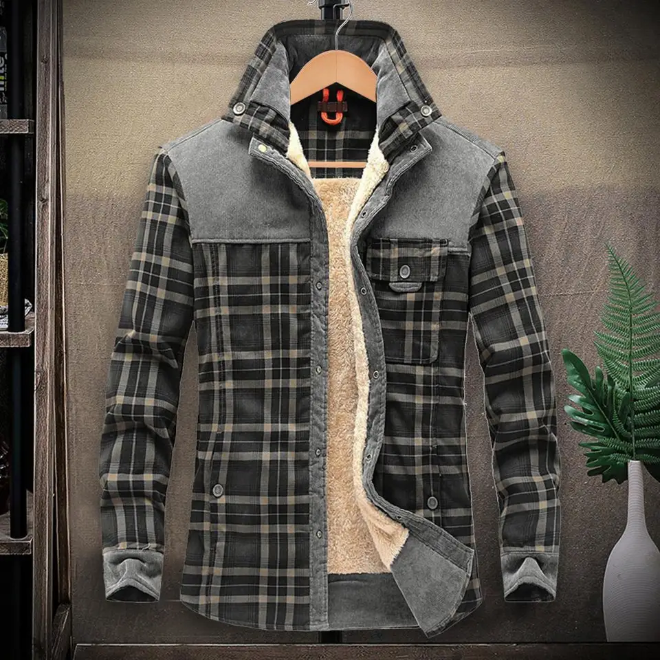 Men Winter Shirts Jackets Hooded Lapel Long Sleeve Plaid Pockets