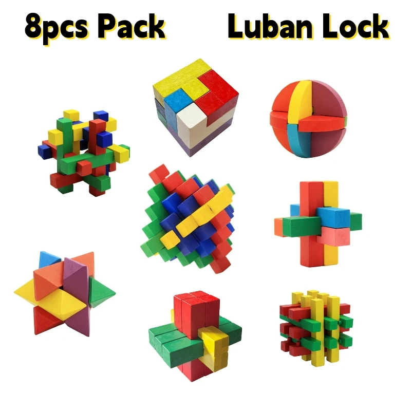 

8pcs Pack Sets Colorful Wooden 3D Puzzles Creative Brain Teaser Unlock Luban IQ Interlock Training Family Game Toys Gifts Kids