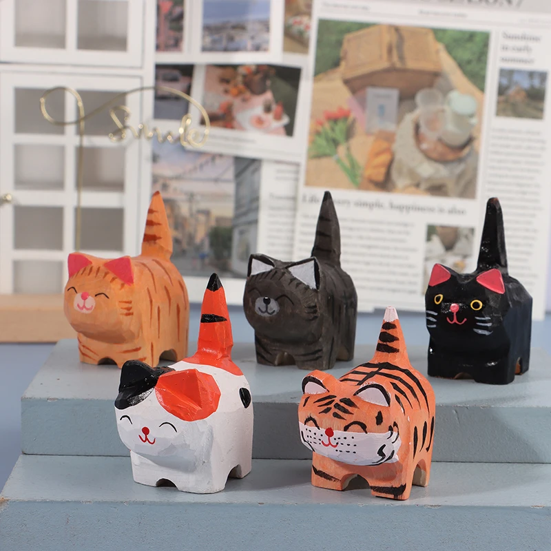

Cartoon Cute Small Animal Desktop Decoration Crafts Innovative And Practical Handmade Wood Carving Cat Ornament