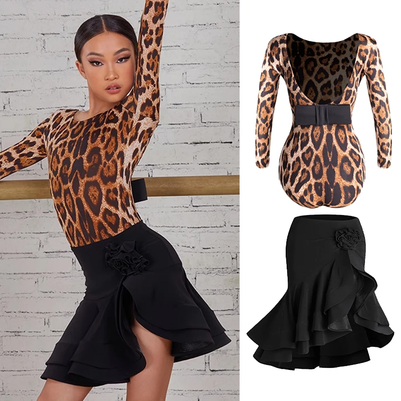 Bambini vestiti di danza latina ragazze leopardo top gonna nera