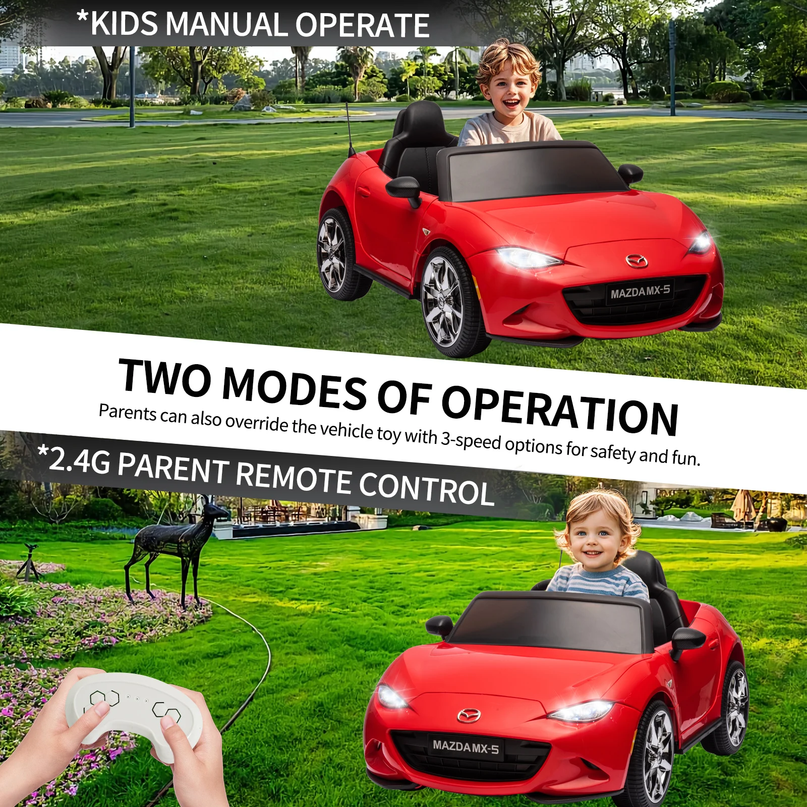 12V Dual Drive Kids Electric Ride on Car, Licensed Mazda MX-5 with Parent Remote, LED Light, Swing Function, One-Key Start