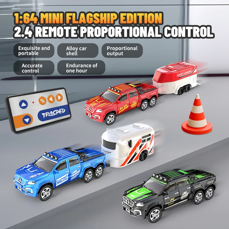 1:64 Metal Alloy Proportional Remote Control Vehicle Model 2.4GHz Mini Simulation RC Car With Trailer 4