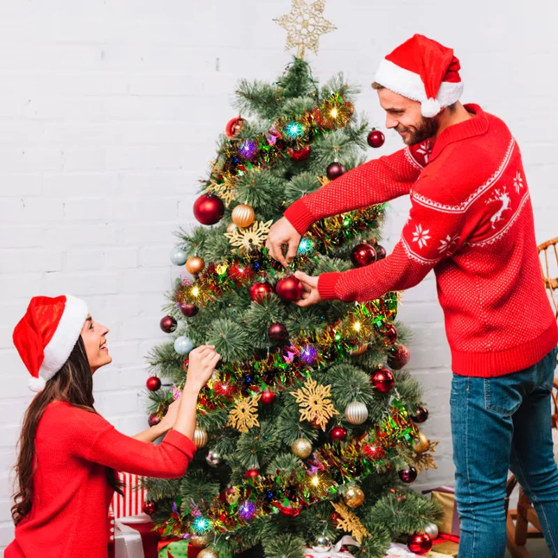 Christmas Tree Decoration 1pc 16 Ft Tinsel Garland Metallic Shinny with LED Lights Thick Hanging for Xmas Party Indoor