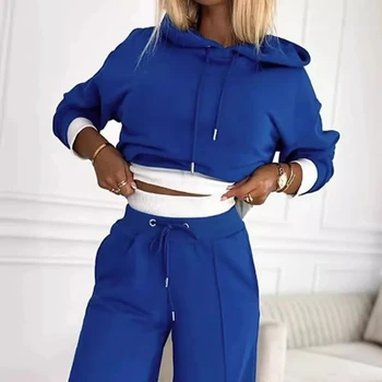 2024 Spring Autumn New Loose Sports Suit Women Long Sleeve Hooded Sweatshirt Drawstring High Waist Pocket Wide Leg Pants Suit 1