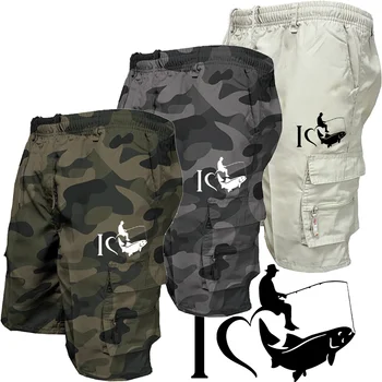Trendy Mens Bib Shorts Casual Loose Shorts Funny I Love Fishing Printed Drawstring Pocket Shorts Summer Mens Shorts 1