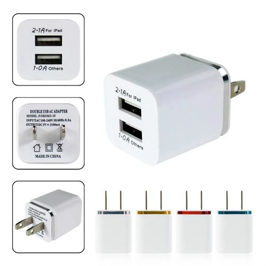 

100pcs 5V 2.1A Mini US Plug Mobile Phone Charger 2 Ports Dual USB Travel Wall Adapter for iPhone Samsung Huawei Smartphone