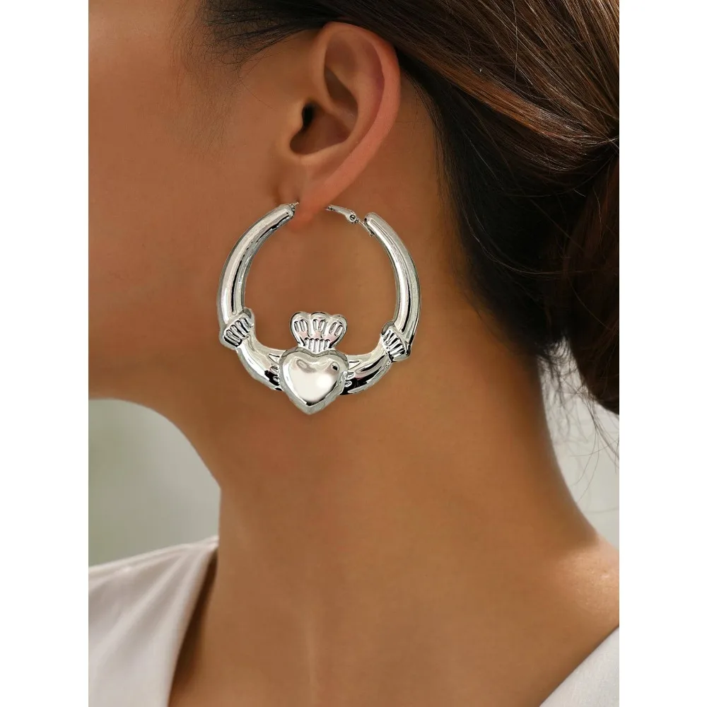 Big Chunky Claddagh Hoop Earrings for Women Crown Heart Design Lovely Statement Jewelry Gift for Valentine's Day 5