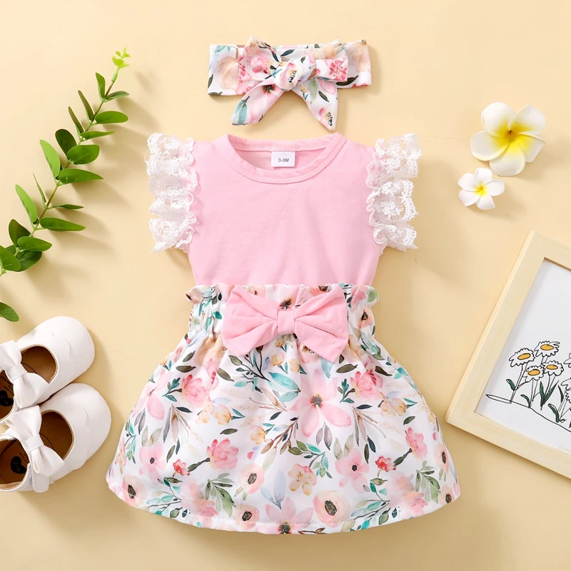 0-18 Months Newborn Baby Girl Summer Daily Clothes Set Fly Sleeve Romper Top + Flowers Skirt with Headband Lovely 3PCS Outfit